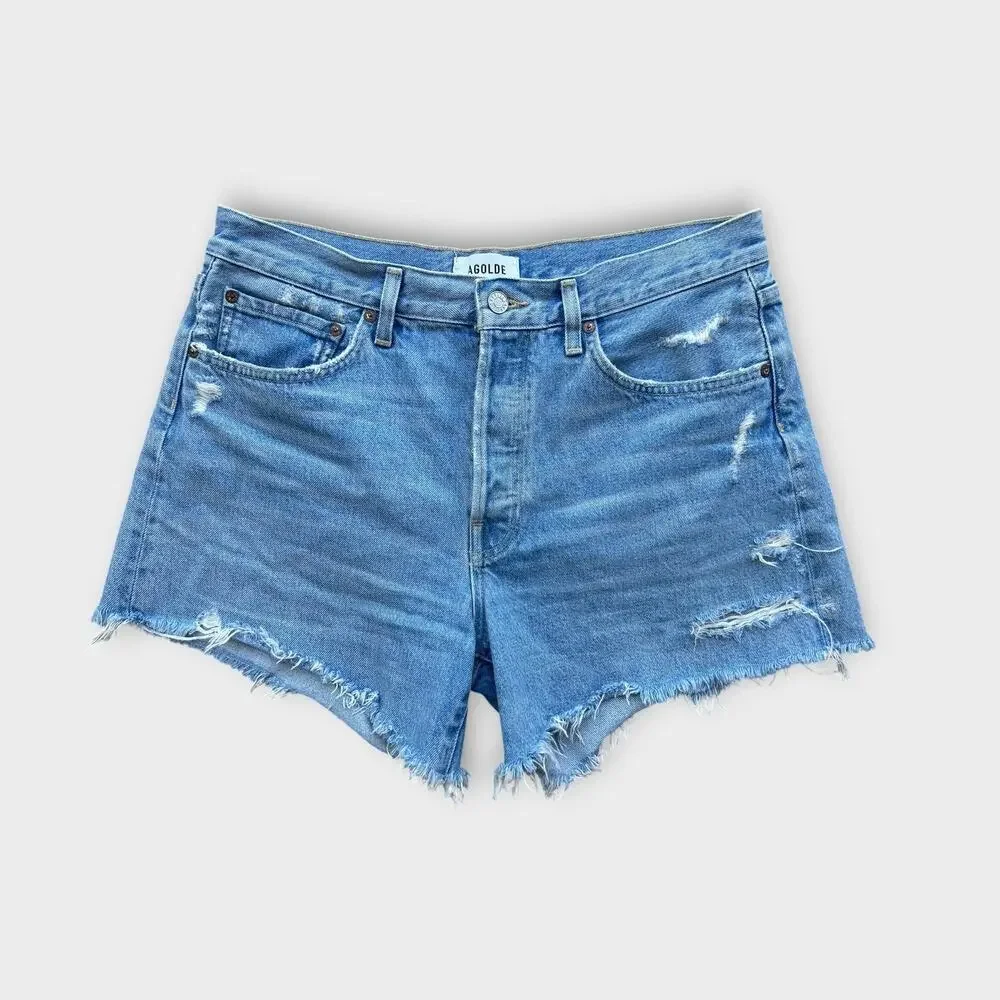 AGOLDE Parker Long Denim Shorts Women’s 29 Blue Distressed Raw Hem 100% Cotton